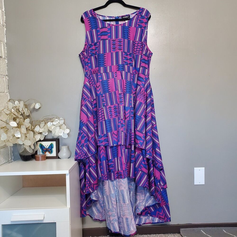 Ashro Dress Womens Size 18W Blue Pink Geometric Sleeveless Hi Low Hem Vibrant